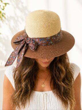 Royal Road Trading Co Straw Hat Floral Bow Wide Brim Summer Cottagecore